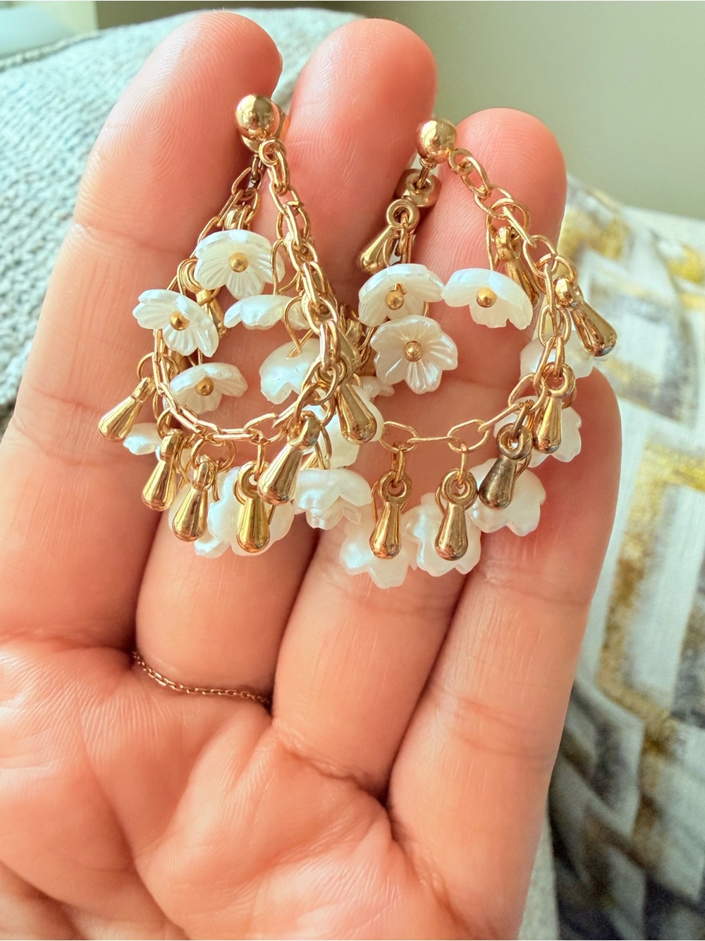 Gold pearl flower Earrings with Cream Floral Charms - Picture 3 of 5